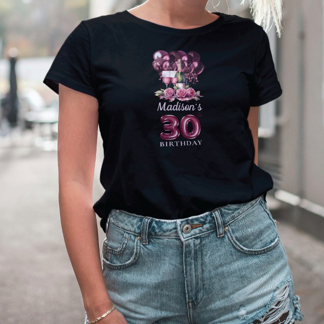 Personalised 30th Birthday Luxury Wine & Balloons T-Shirt (Creator Uploaded)