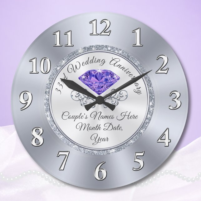 Personalised 33rd Wedding Anniversary Gift Large Clock (33 year anniversary traditional gift, for wife, friends and couples. 33rd Anniversary Clock.)
