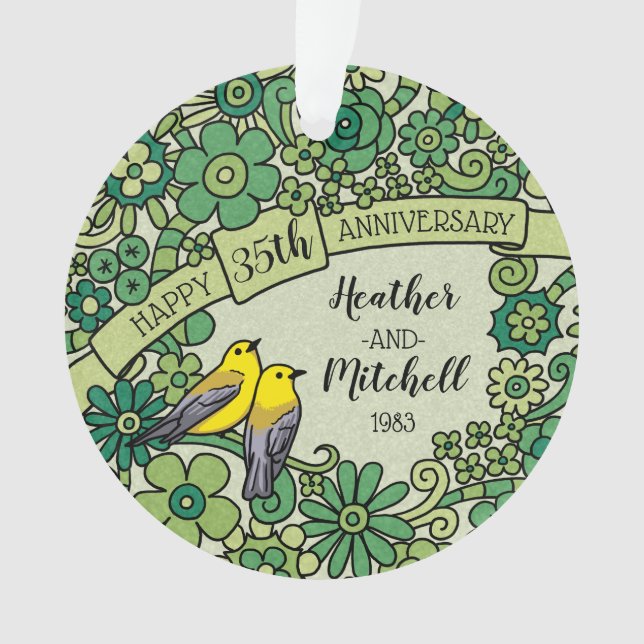 Personalised 35th Anniversary, Jade Floral Birds Ornament (Front)