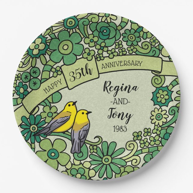 Personalised 35th Anniversary, Jade Floral Birds Paper Plate (Front)