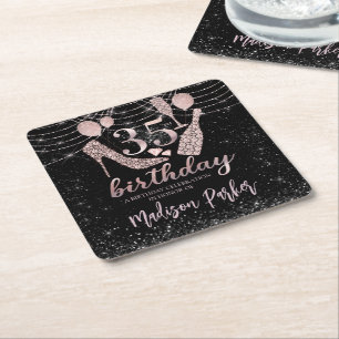 Personalised 35th Birthday Pink Black Glitter Square Paper Coaster
