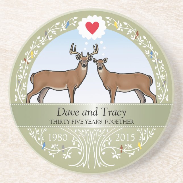 Personalised 35th Wedding Anniversary, Buck & Doe Coaster (Front)