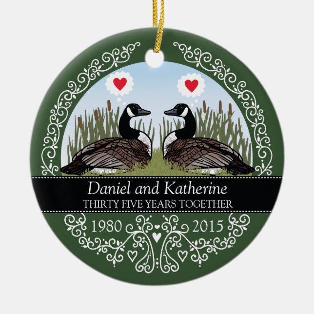 Personalised 35th Wedding Anniversary, Geese Ceramic Tree Decoration (Front)