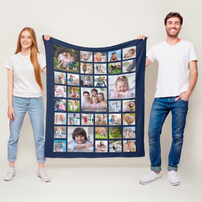 Personalised 36 Photo Collage Navy Blue Fleece Blanket (In Situ)