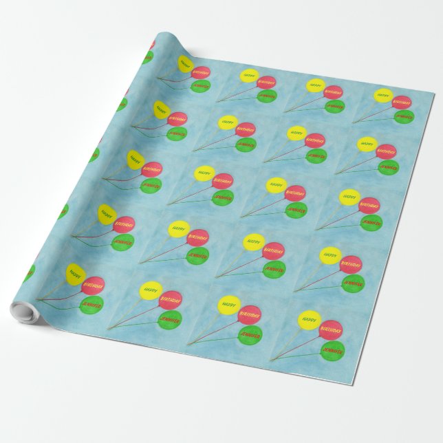 Personalised 3 Balloons Birthday Wrapping Paper (Unrolled)