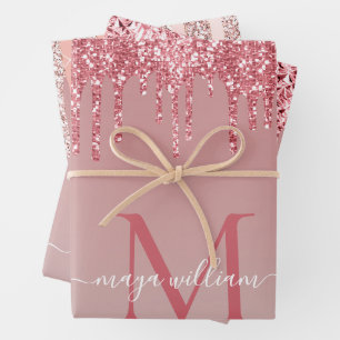 Personalised 3 Colour Rose Gold Glitter Drips  Wrapping Paper Sheet