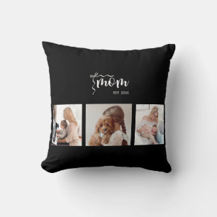 Personalised 3-Photo Collage Black Mum Est Year Cushion