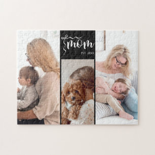 Personalised 3-Photo Collage Black Mum Est Year Jigsaw Puzzle