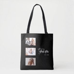 Personalised 3-Photo Collage Black Mum Est Year  Tote Bag
