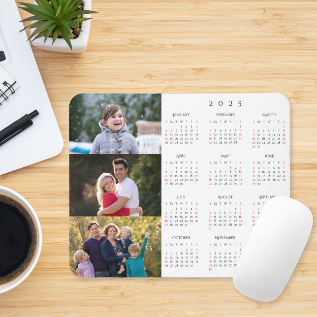 Personalised 3 Photo Collage Family 2025 Calendar Mouse Pad (Personalized 3 Photo Collage Family 2025 Calendar Mouse Pad)