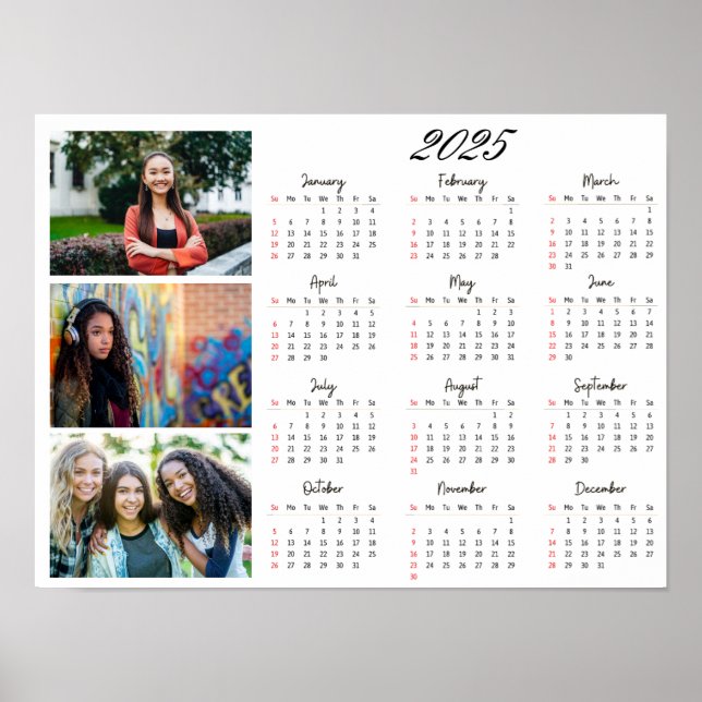 Personalised 3 Photo Collage Family 2025 Calendar Poster (Front)