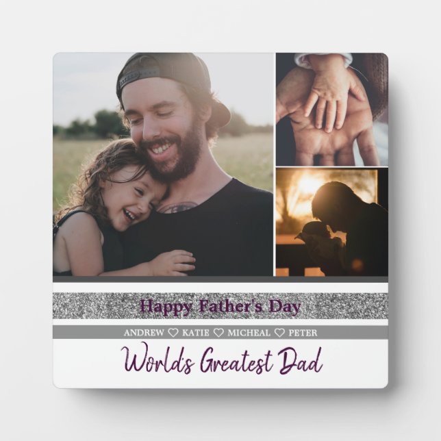 Personalised 3 Photo Collage First Father's Day  Plaque (Front)