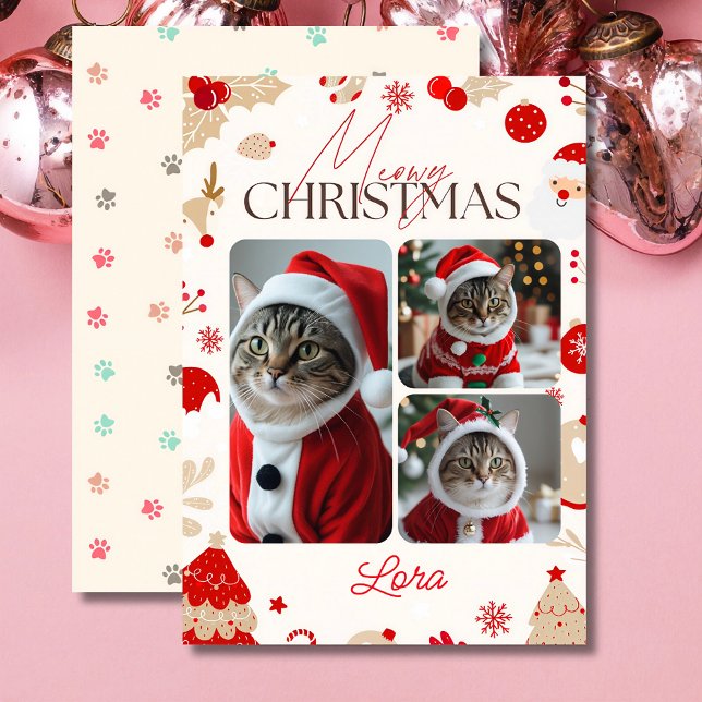 Personalised 3 photo collage meowy christmas holiday card (Creator Uploaded)