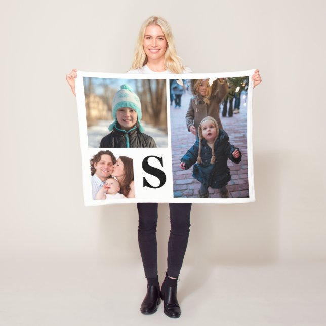 Personalised 3 Photo Collage Monogrammed Fleece Blanket (In Situ)