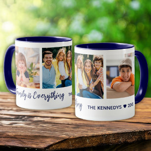 Personalised 3 Photo Family Name Quote Blue Mug