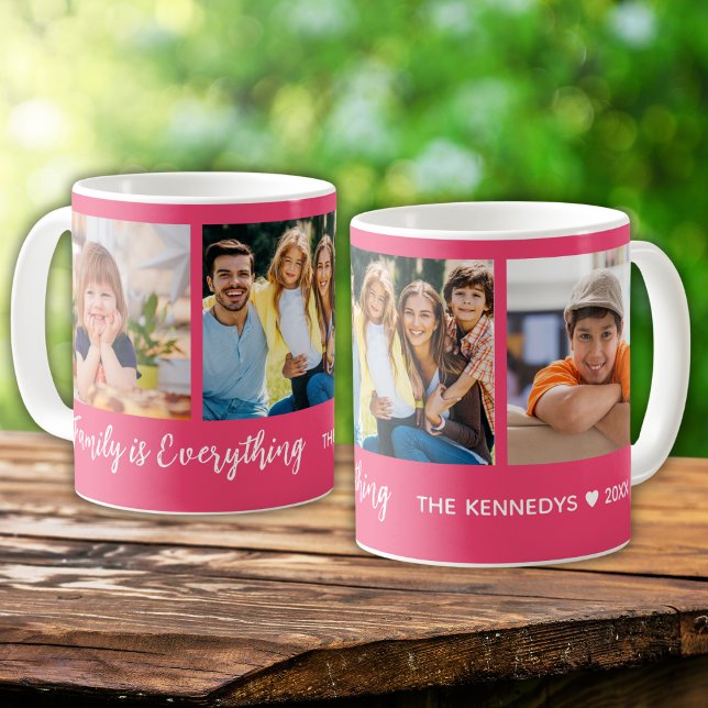 Personalised 3 Photo Family Name Quote Hot Pink Coffee Mug (Creator Uploaded)