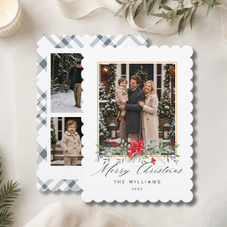 Personalised 3 Photo Script Grey Blue Gingham Holiday Card