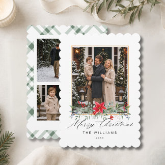 Personalised 3 Photo Script Sage Green Gingham Holiday Card