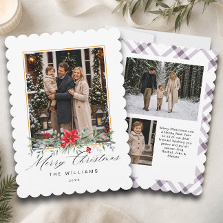 Personalised 3 Photo Script White Purple Gingham Holiday Card