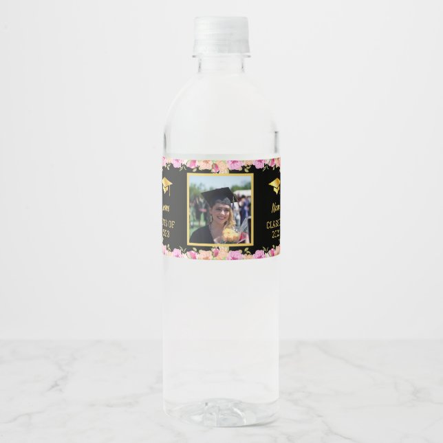 Personalised 3 Photos Graduation Black and Glod  Water Bottle Label (Front)