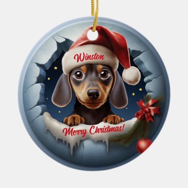 Personalised 3D Look Dachshund with Santa Hat Ceramic Tree Decoration (Front)