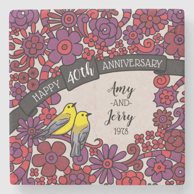 Personalised 40th Anniversary, Ruby Floral Birds Stone Coaster (Front)
