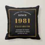 Personalised 40th Birthday 1981 Elegant Chic Black Cushion<br><div class="desc">For those born in 1981 and celebrating their 40th birthday we have the ideal surprise birthday party throw pillow gift. The black background with a white and gold design is simple and yet elegant. Easily customise the text to the front and the interior of these party supplies using the template...</div>
