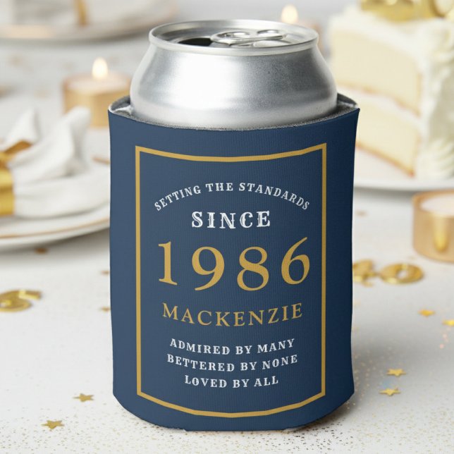 Personalised 40th Birthday 1986 Elegant Blue Gold Can Cooler (1986 blue can cooler. White background.)