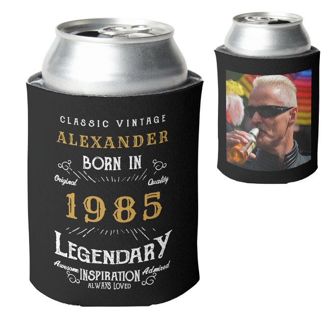 Personalised 40th Birthday Add Name Year Photo Can Cooler (Personalized 40th birthday can cooler with custom name, year and photo template.)