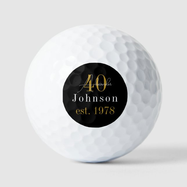 Personalised 40th Birthday Black Gold Golf Balls (Front)