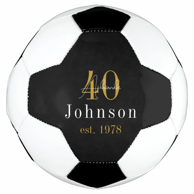 Personalised 40th Birthday Black Gold Soccer Ball (Front)
