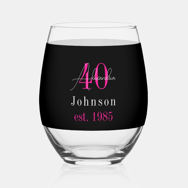 Personalised 40th Birthday Black Hot Pink Stemless Wine Glass (Front)