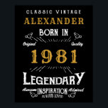 Personalised 40th Birthday Born 1981 Vintage Black Poster<br><div class="desc">A personalised party poster for that special birthday person born in 1981 and turning 40. Add the name to this vintage retro style black, white and gold design for a custom 40th birthday gift. Easily edit the name and year with the template provided. A wonderful custom black birthday gift. More...</div>