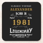 Personalised 40th Birthday Born 1981 Vintage Black Square Paper Coaster<br><div class="desc">A personalised classic paper coaster design for that birthday celebration for somebody born in 1981 and turning 40. Add the name to this vintage retro style black, white and gold design for a custom 40th birthday gift. Easily edit the name and year with the template provided. A wonderful custom black...</div>