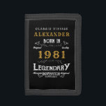 Personalised 40th Birthday Born 1981 Vintage Black Trifold Wallet<br><div class="desc">A personalised wallet design for those born in 1981 and turning 40. Add the name to this vintage retro style black, white and gold design for a custom 40th birthday gift. Easily edit the name and year with the template provided. A wonderful custom black birthday gift. More gifts and party...</div>