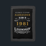 Personalised 40th Birthday Born 1981 Vintage Black Trifold Wallet<br><div class="desc">A personalised wallet design for those born in 1981 and turning 40. Add the name to this vintage retro style black, white and gold design for a custom 40th birthday gift. Easily edit the name and year with the template provided. A wonderful custom black birthday gift. More gifts and party...</div>