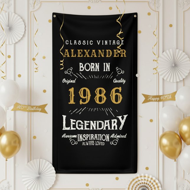 Personalised 40th Birthday Born 1986 Retro Party Banner (1986 birthday wall banner against a white wall)