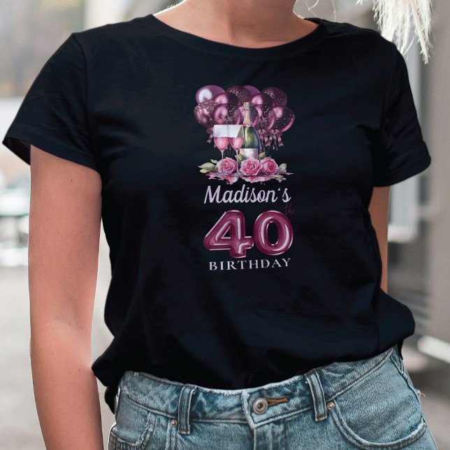Personalised 40th Birthday Luxury Wine & Balloons T-Shirt (Creator Uploaded)
