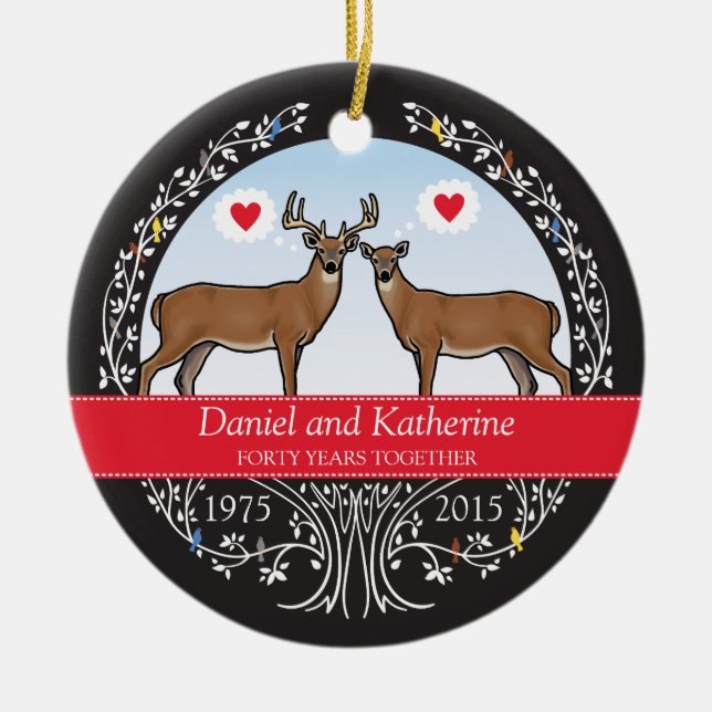 Personalised 40th Wedding Anniversary, Buck & Doe Ceramic Tree Decoration (Front)