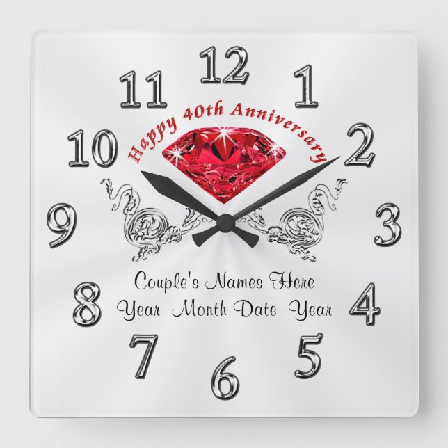 Personalised 40th Wedding Anniversary Gifts, Clock (Front)