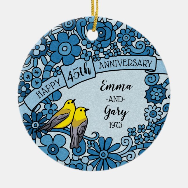 Personalised 45th Anniversary Sapphire Floral Bird Ceramic Tree Decoration (Front)