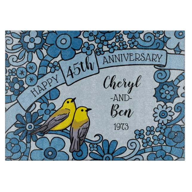 Personalised 45th Anniversary Sapphire Floral Bird Cutting Board (Front)