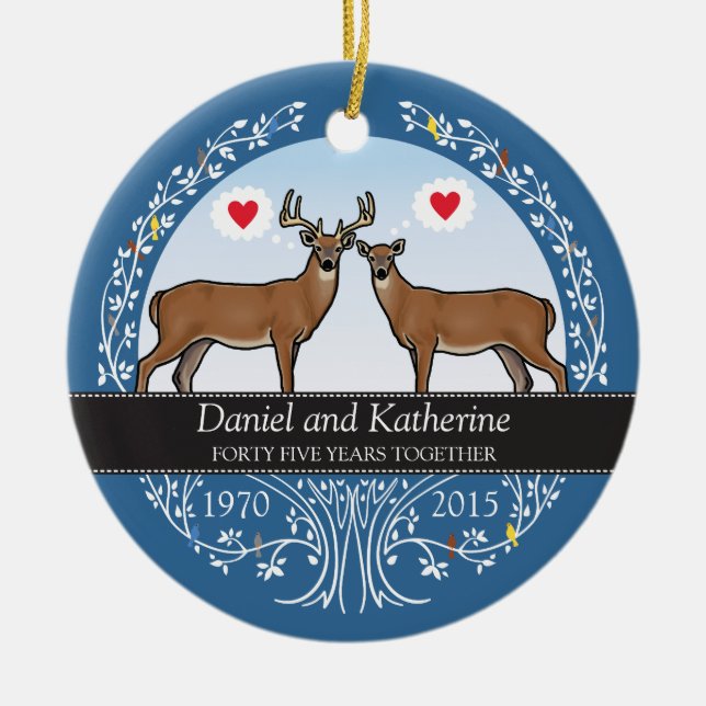 Personalised 45th Wedding Anniversary, Buck & Doe Ceramic Tree Decoration (Front)