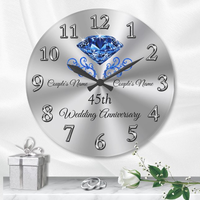 Personalised 45th Wedding Anniversary Gifts, Clock (Personalised 45th wedding anniversary gifts. Sapphire anniversary gifts. 45 years of marriage gifts.)