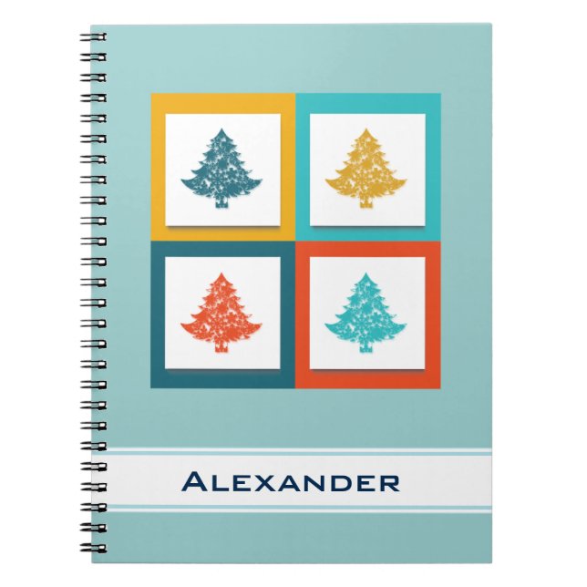 Personalised 4 Christmas Trees Retro Design Spiral Notebook (Front)