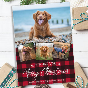 Personalised 4 Pet Photo Red Plaid Merry Christmas Holiday Card