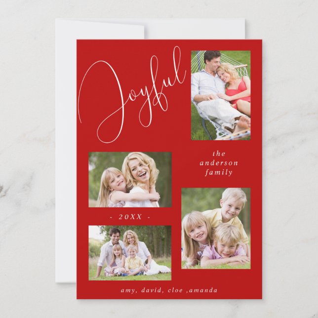 Personalised 4 Photo Chic Script Joyful Red Holiday Card (Front)