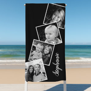 Personalised 4 Photo Collage Film Strip Black Beach Towel