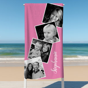 Personalised 4 Photo Collage Film Strip Pink Beach Towel