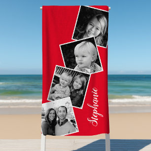 Personalised 4 Photo Collage Film Strip Red Beach Towel